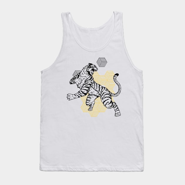 Retro Black & Gold Tiger on the Attack // Vintage Geometric Shapes Background Tank Top by SLAG_Creative